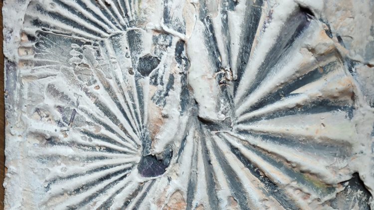 An abstract painting depicting grey shells.
