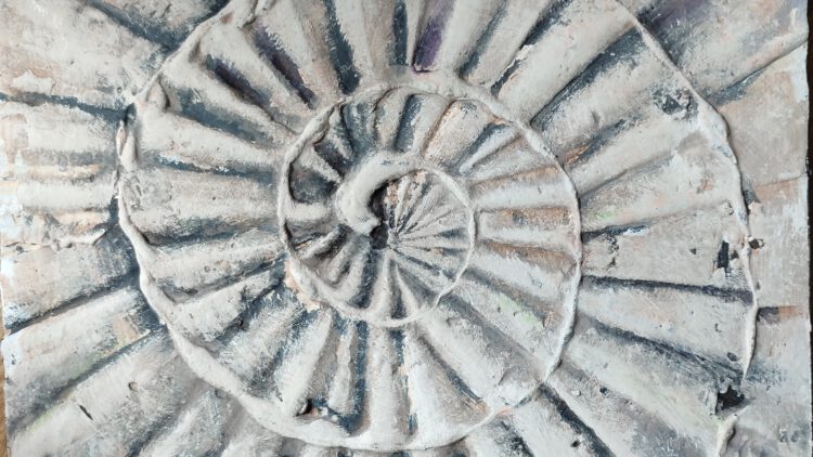 An abstract painting of a grey shell, using incorporated ash.
