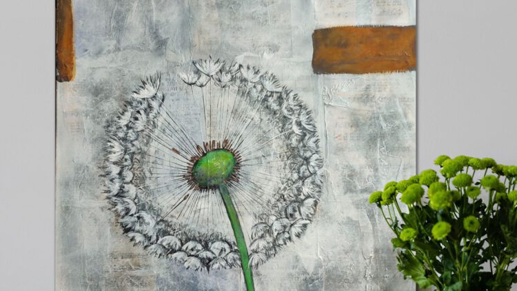 The dandelion painting standing on the ground next to a vase of green flowers.