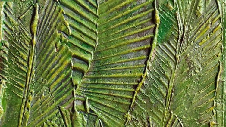 The painting of multiple big leafs, showing strong lines of the paint.