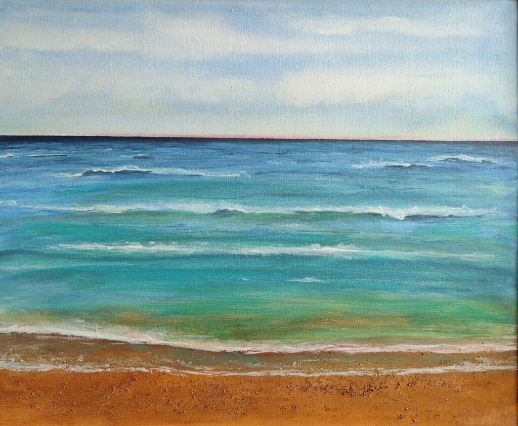 Das Gemälde eines Strandes mit blauen und grünen Farben.
