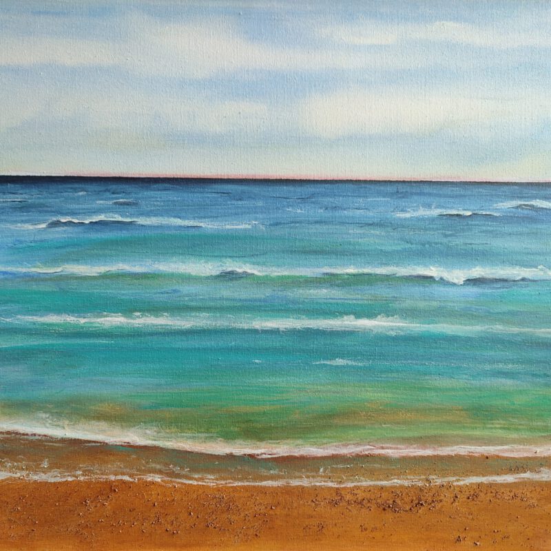 A painting of a beach in blue and green colours.