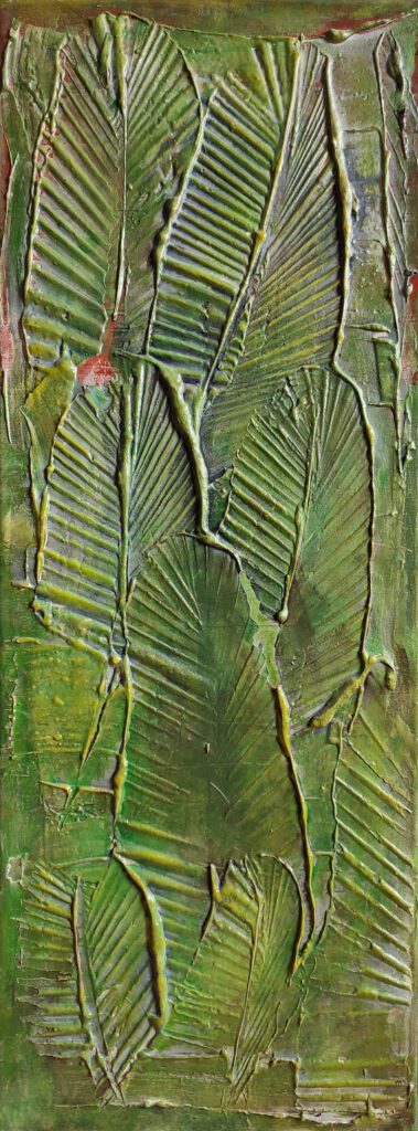 A painting of big green leafs.