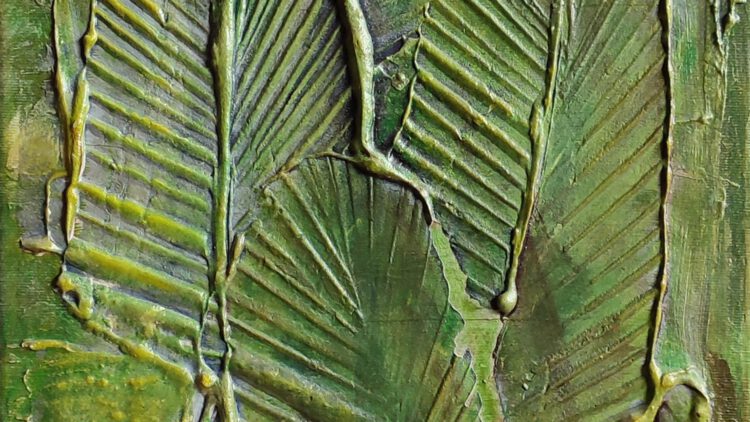 A painting of big green leafs.