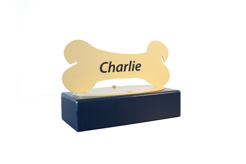 bone steel dog urn with name Charlie cremation urn